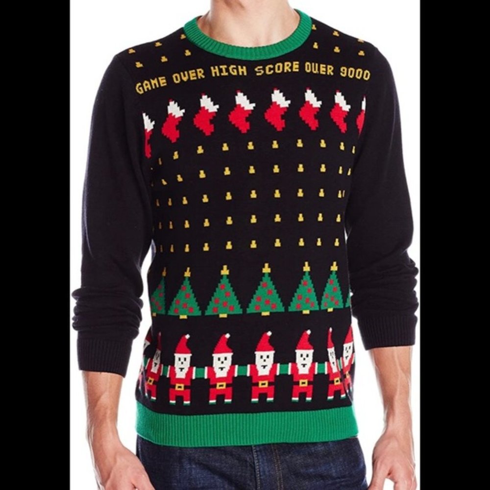 Vintage new ugly Christmas sweater Santa stockings Christmas tree arcade game